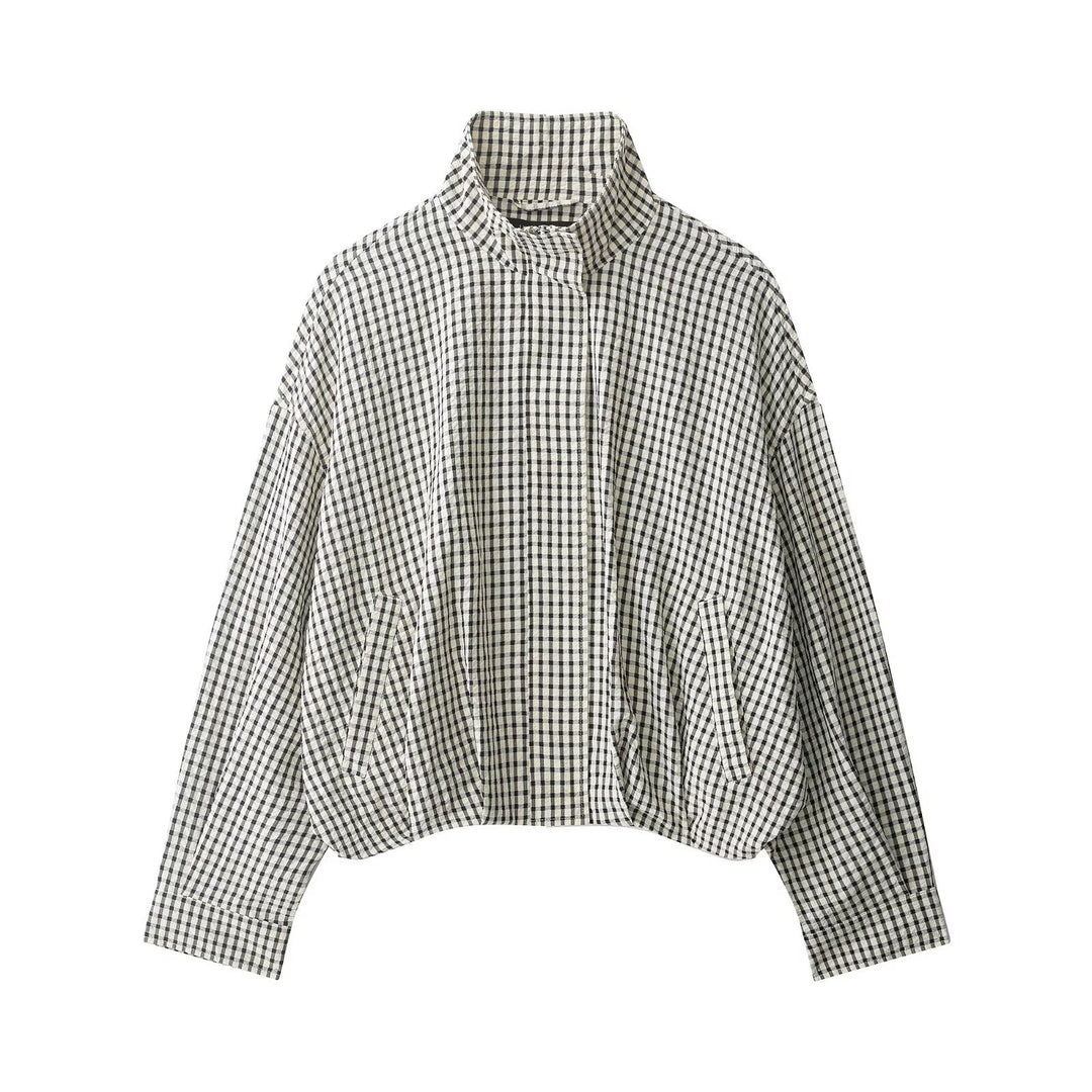 Damen 50+ Cropped Blousonjacke im Boxy Cut mit Stehkragen und feinem Karomuster Echo Archiv