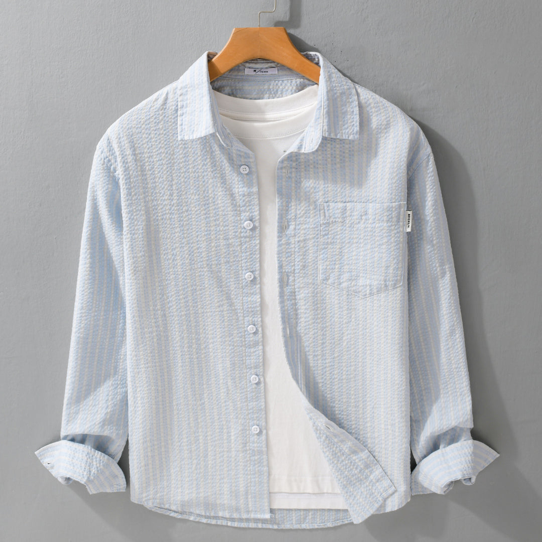 Herren Gestreiftes Relaxed-Overshirt aus strukturiertem Baumwollmix mit Brusttasche Echoarchiv