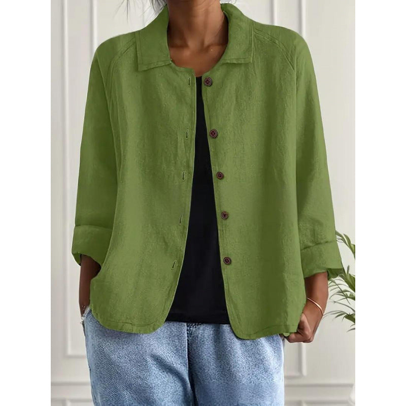 Damen Leichte Leinenoptik-Bluse mit lockerer Passform, 3/4-Ärmeln und Knopfleiste – Élovi