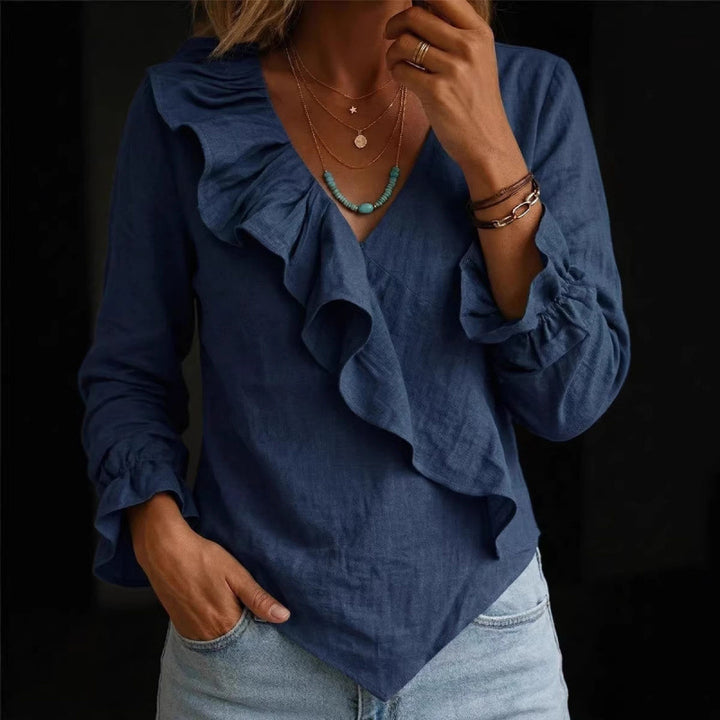 Damen Volant‑Bluse im Leinenlook mit Wickeloptik und asymmetrischem Zipfelsaum Echoarchiv