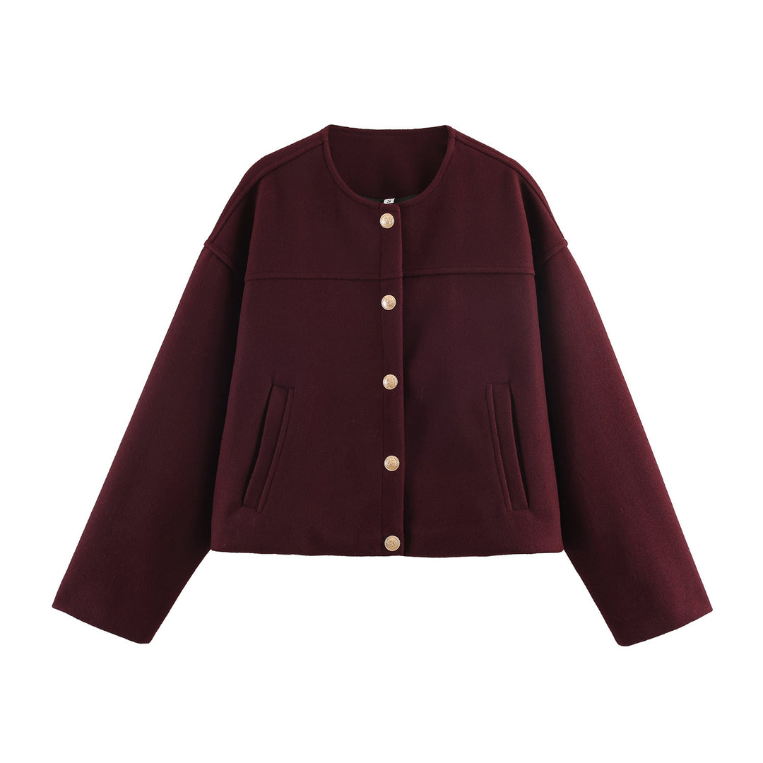 Damen Kurze Boxy-Wollmix-Jacke mit Rundhalsausschnitt und Zierknopfleiste Echoarchiv