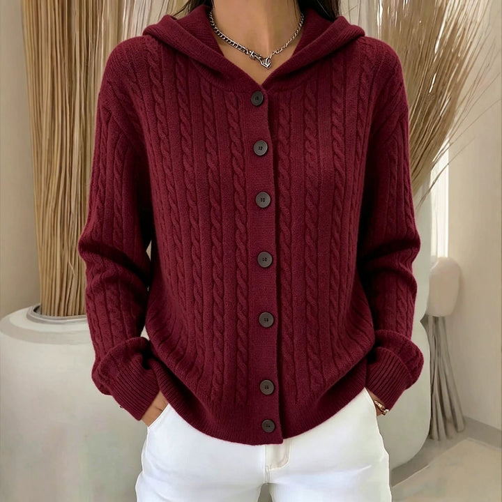 Damen Kapuzen-Cardigan mit Zopfmuster und durchgehender Knopfleiste – Veloura