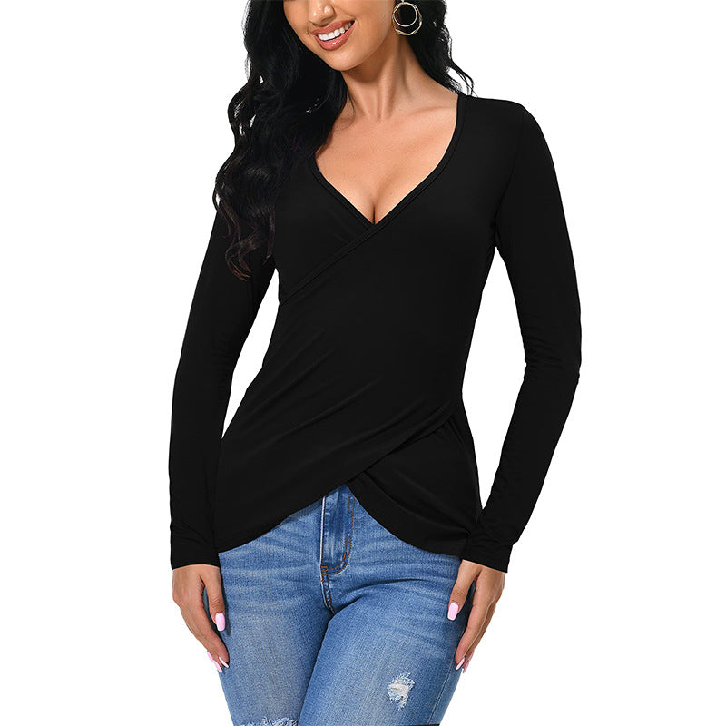Damen figurbetontes Wickelshirt mit tiefem V‑Ausschnitt und überlappendem Saum – Avérine