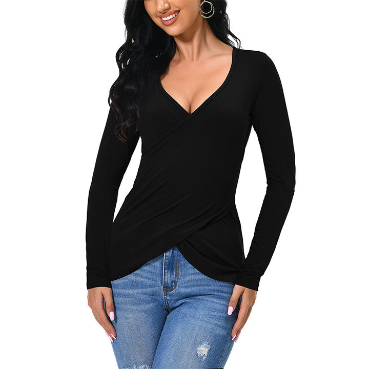 Damen figurbetontes Wickelshirt mit tiefem V‑Ausschnitt und überlappendem Saum – Avérine
