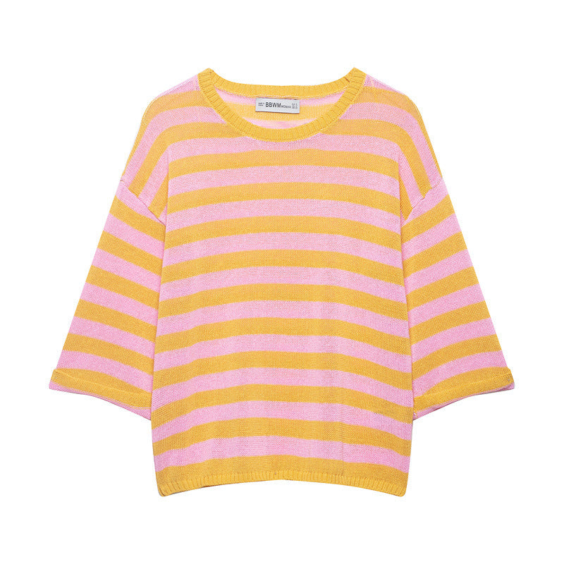 Damen Gestreifter Oversize-Strickpullover mit weitem dreiviertelärmel und Rundhalsausschnitt Echo Archiv