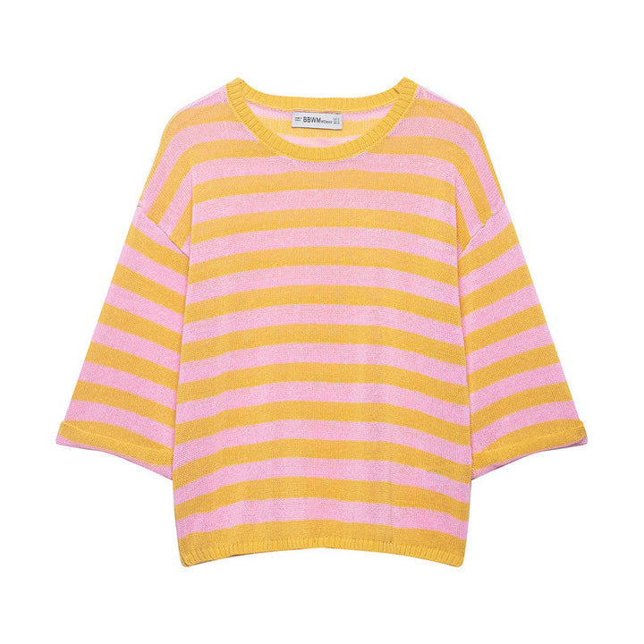 Damen Gestreifter Oversize-Strickpullover mit weitem dreiviertelärmel und Rundhalsausschnitt Echo Archiv