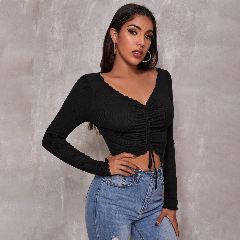 Damen geripptes Cropped-Longsleeve mit Tunnelzugvorderseite, Bindekordeln und gewelltem Saum – Avérine