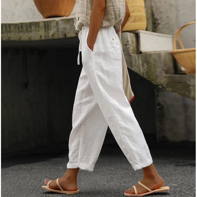 Damen lässige Leinenhose mit elastischem Bund und seitlichen Taschen – Avélisse