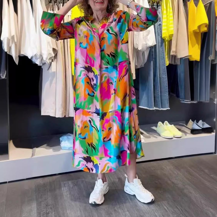 Damen nan Hemdblusen-Maxikleid mit Pop‑Art-Löwenprint, Knopfleiste und Eingrifftaschen Echo Archiv