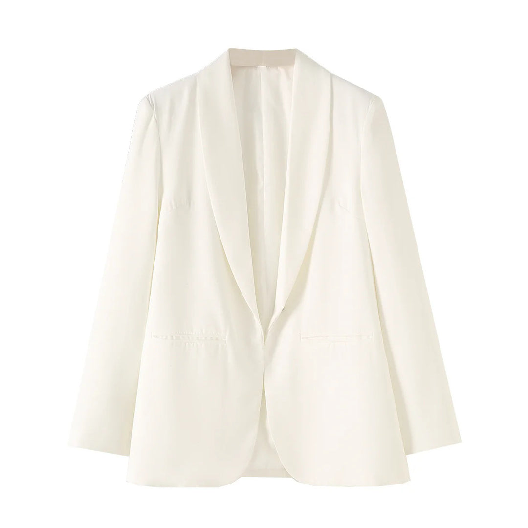 Damen eleganter Longblazer mit Schalkragen, unstrukturiertem Fall und paspelierten Leistentaschen – Valéne
