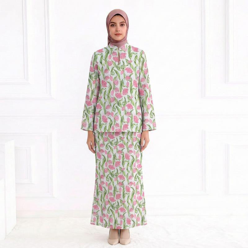 Damen Zweiteiliges Modest-Set aus Tunika mit Stehkragen und geradem Maxirock mit Blumenprint Echo Archiv