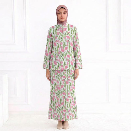 Damen Zweiteiliges Modest-Set aus Tunika mit Stehkragen und geradem Maxirock mit Blumenprint Echo Archiv