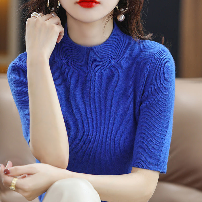 Damen Kurzarm-Feinstrickpullover mit Stehkragen und taillierter Passform Echoarchiv