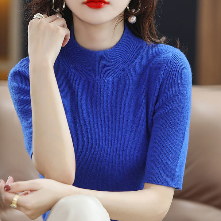 Damen Kurzarm-Feinstrickpullover mit Stehkragen und taillierter Passform Echoarchiv