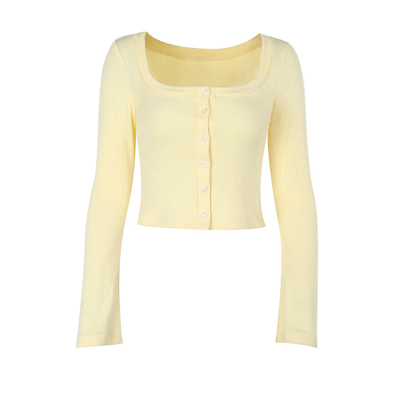 Damen Cropped Langarmshirt mit Knopfleiste und weitem Ausschnitt Echo Archiv