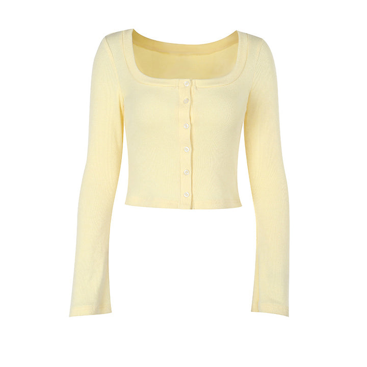 Damen Cropped Langarmshirt mit Knopfleiste und weitem Ausschnitt Echo Archiv