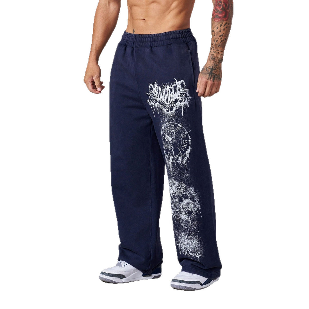 Herren nan weite Jogginghose mit elastischem Bund, Seitentaschen und detailreichem Schädel- und Rosenmotiv Echo Archiv