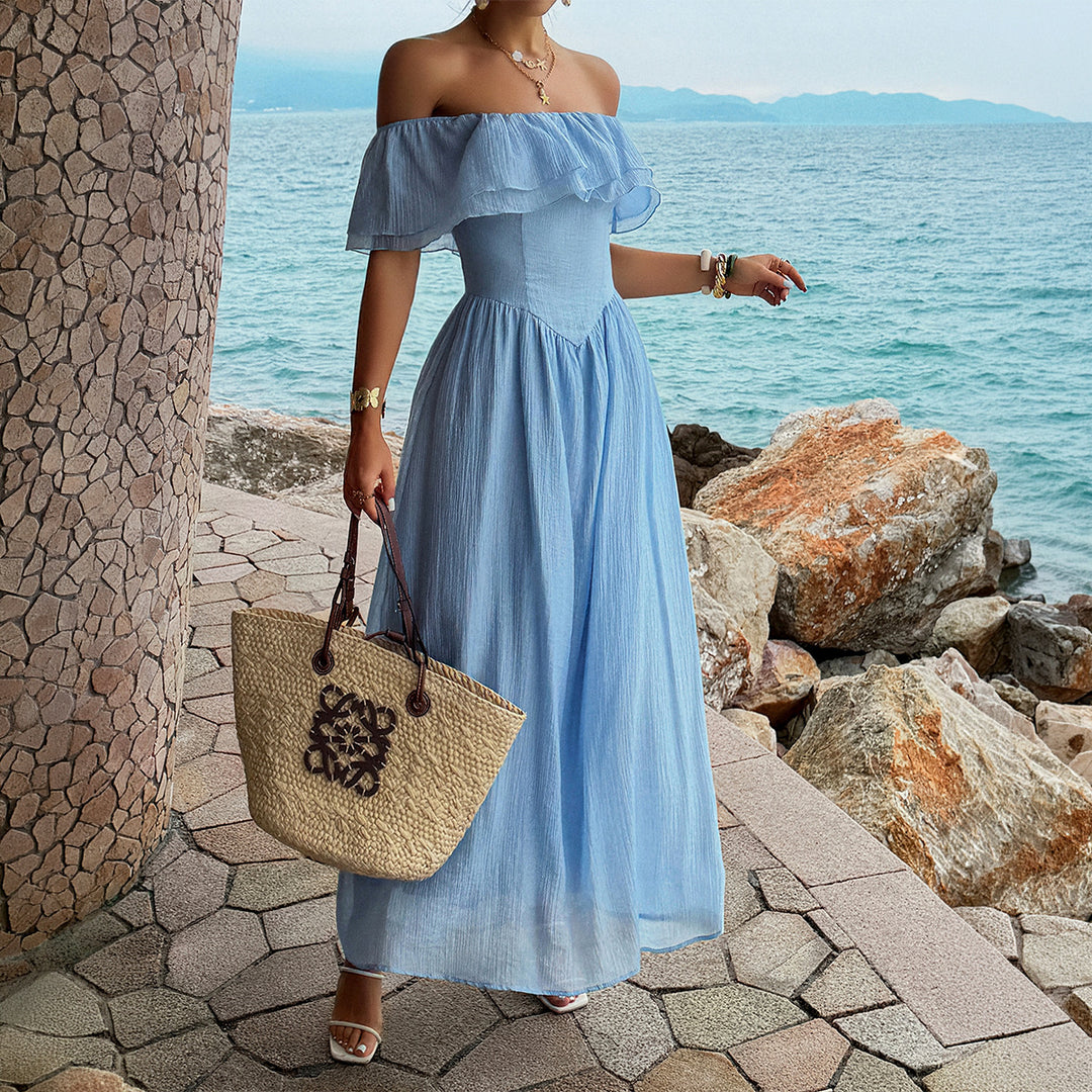 Damen Off-Shoulder Maxikleid mit fließendem Schnitt und Rüschendetails Echo Archiv
