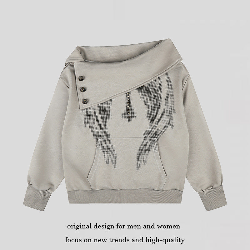 Damen Asymmetrisches Sweatshirt mit weitem Schalkragen, Zierknopfleiste und Perlenapplikation Echoarchiv