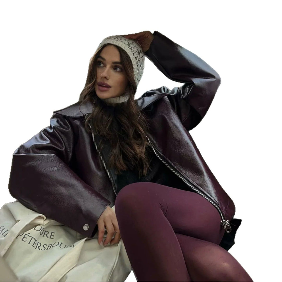 Damen nan kastig geschnittene Kunstlederjacke mit durchgehendem Reißverschluss und elastischem Saum Echo Archiv