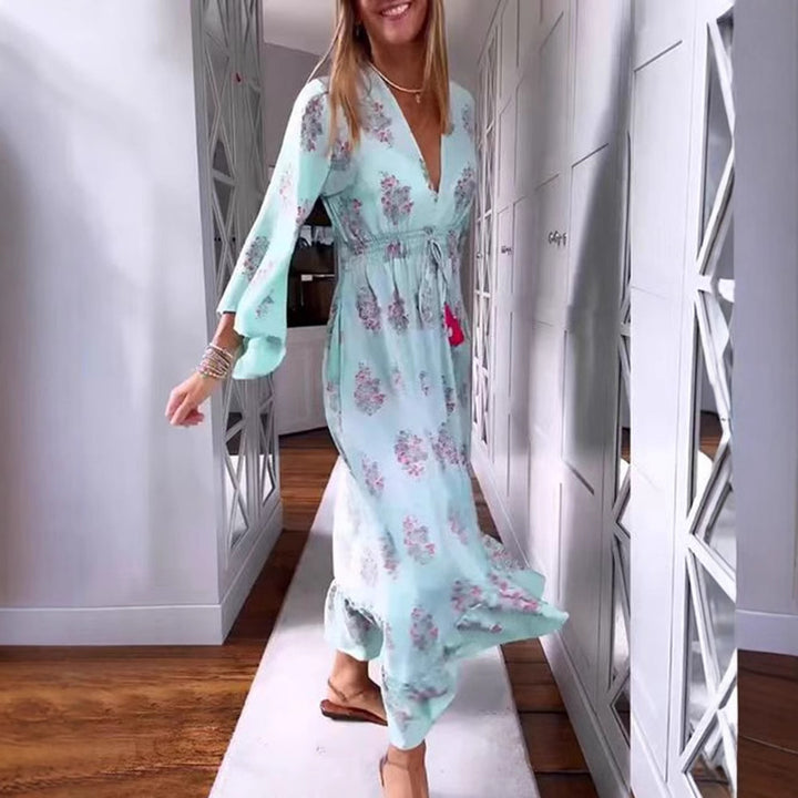 Damen nan luftig-fließendes Boho-Midikleid mit V-Ausschnitt, geraffter Smock-Taille, Kordelzug mit Quasten und asymmetrischem Volant-Saum Echo Archiv