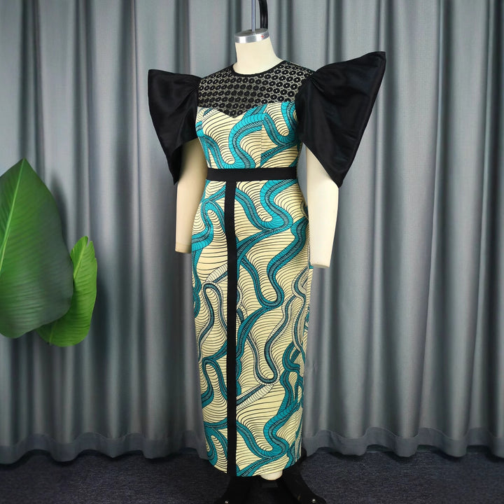 Damen Elegantes Maxikleid mit Volumenärmel und einzigartigem Muster Echo Archiv