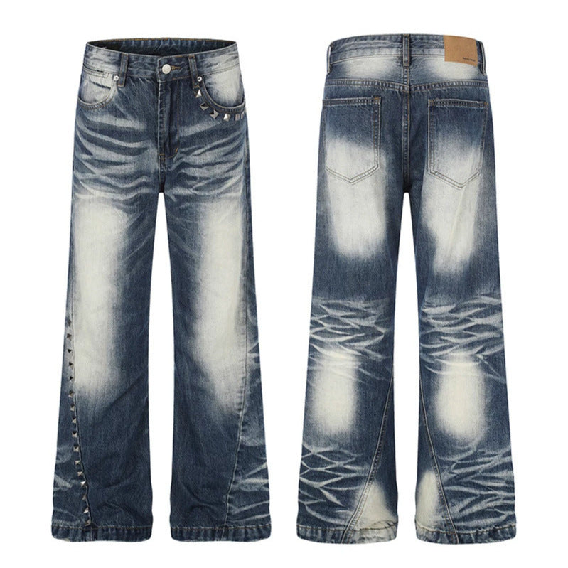 Damen Hochtaillierte weite Schlagjeans mit Used‑Waschung und Nietenbesatz Echoarchiv