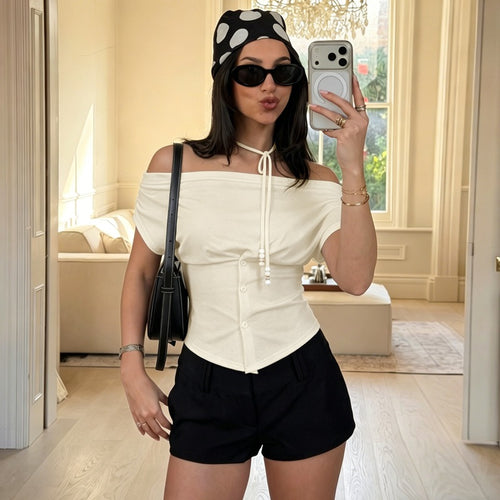 Damen Off-Shoulder Blusenshirt mit dekorativem Kordelzug Echo Archiv