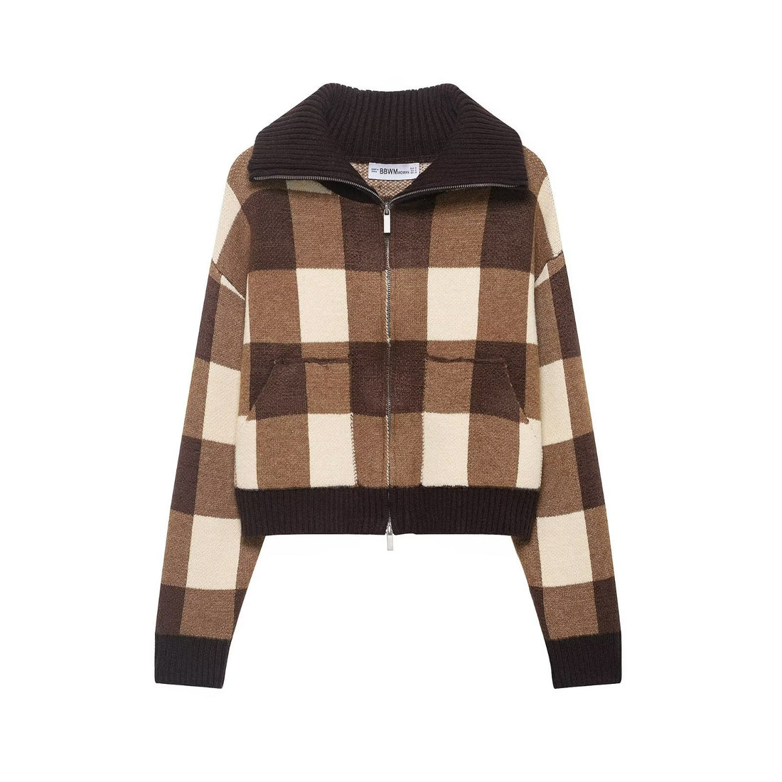 Damen Kariertes Strick-Cropped-Cardigan mit Reißverschluss und breitem Rippenkragen Echoarchiv