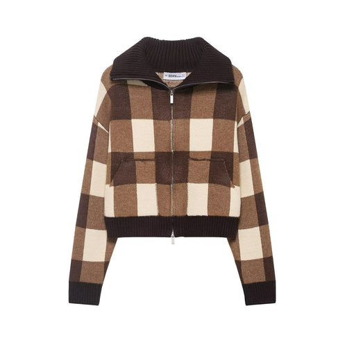 Damen Kariertes Strick-Cropped-Cardigan mit Reißverschluss und breitem Rippenkragen Echoarchiv