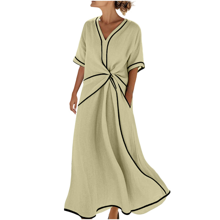 Damen Langes A-Linienkleid mit V‑Ausschnitt, Knoten-Detail und Kontrastpaspel – Élara