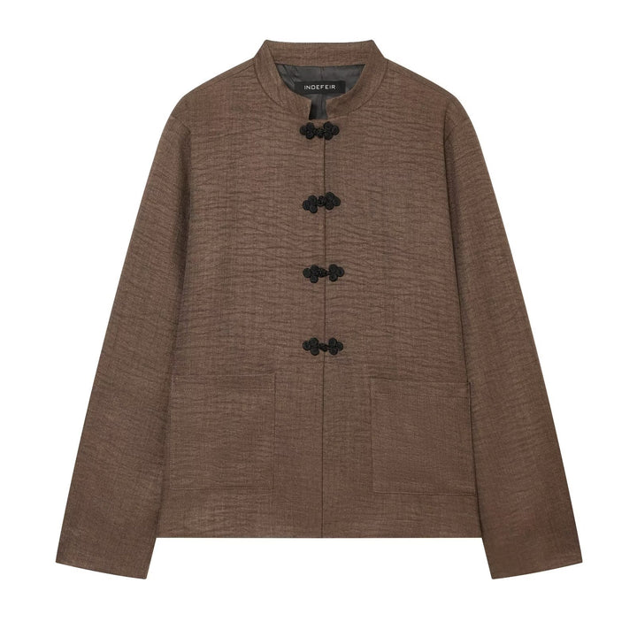 Damen Boxy-Cropped Leinenjacke mit Stehkragen und Froschverschlüssen Echo Archiv