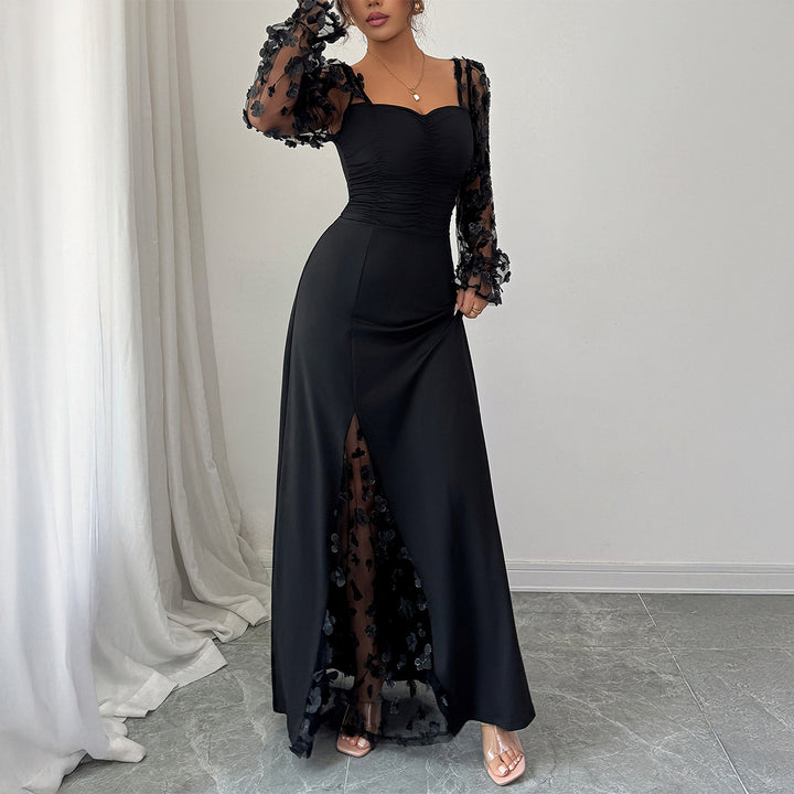 Damen Elegantes Maxikleid mit raffinierten Rüschendetails und transparenter Unterlage Echo Archiv