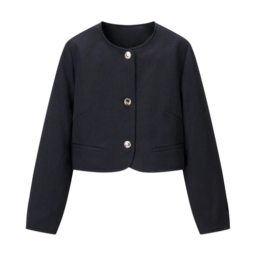 Damen taillierte Kurzjacke mit Rundhalsausschnitt dekorativen Schmuckknöpfen und Leistentaschen – Célinea