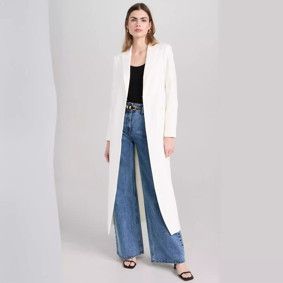 Damen Longline-Mantelblazer mit offenem Frontschlitz und schmaler Silhouette Echoarchiv