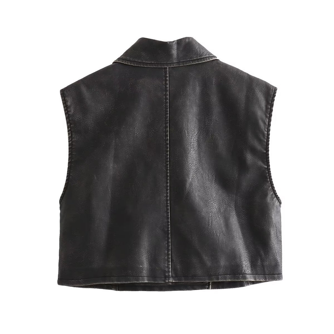 Damen kurzes ärmelloses Biker-Weste aus Kunstleder mit breitem Revers und asymmetrischem Reißverschluss – Célinea