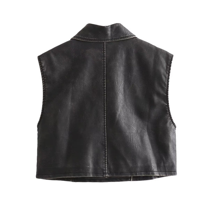 Damen kurzes ärmelloses Biker-Weste aus Kunstleder mit breitem Revers und asymmetrischem Reißverschluss – Célinea