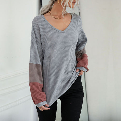 Damen Legeres Waffelstrick-Tunika-Shirt mit V‑Ausschnitt und Colorblock-Ärmeln – Mavelle