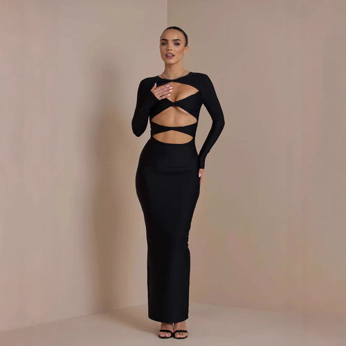 Damen Elegantes Cut-Out-Maxikleid mit langen Ärmeln und tiefem Ausschnitt Echo Archiv