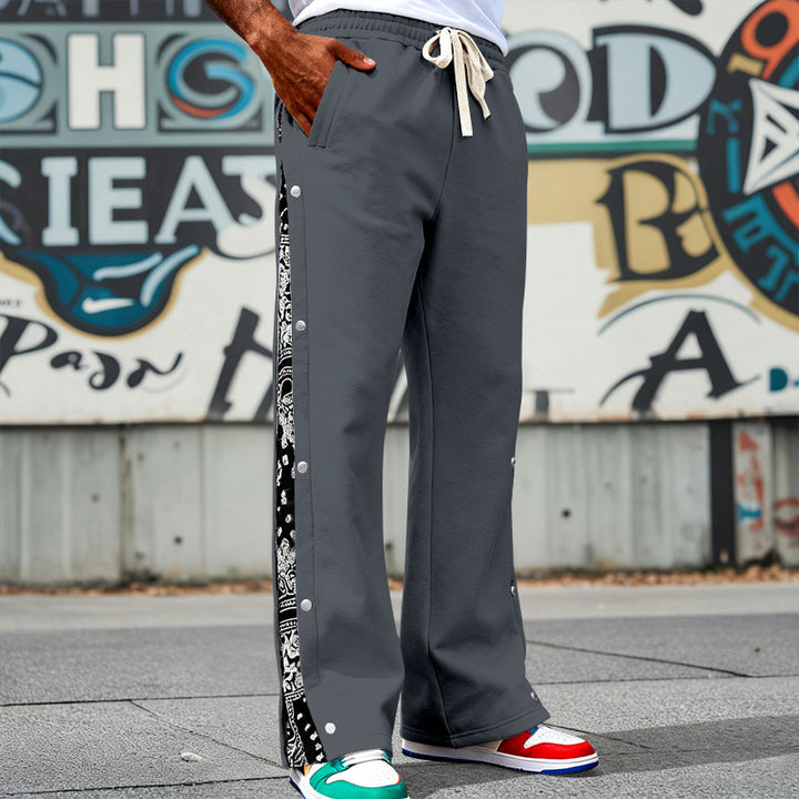Herren Weite Snap-Trackhose mit Tunnelzug, seitlicher Bandana-Blende und Druckknopfleiste – Sorevano