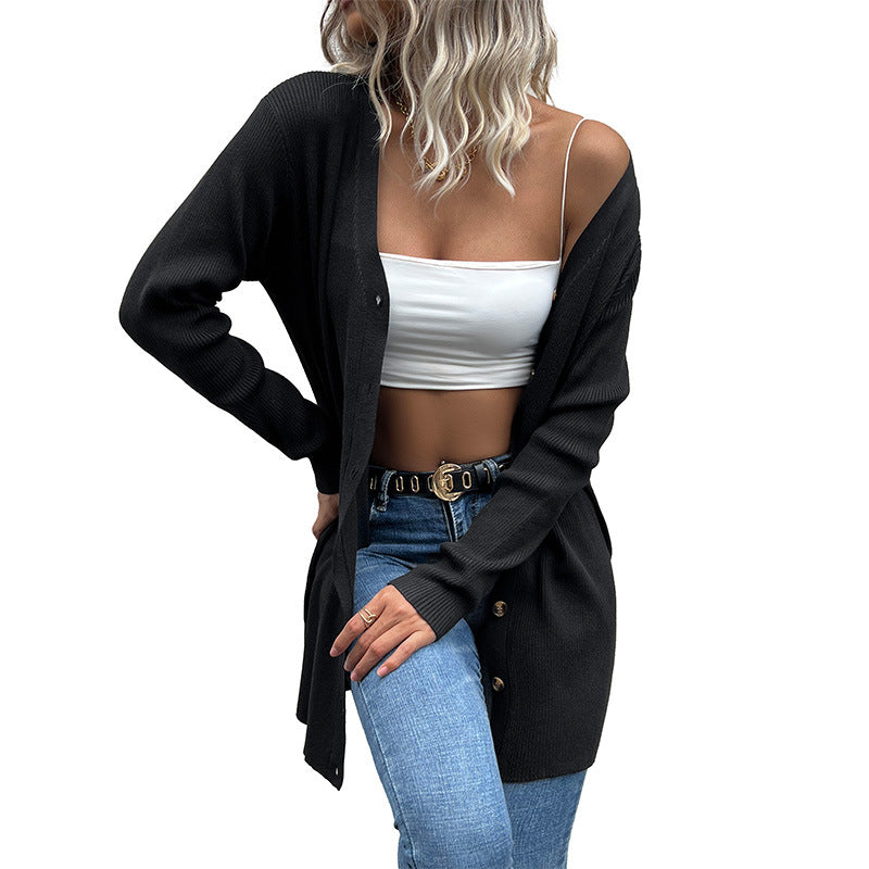 Damen Lange gerippte Strickjacke mit Knopfleiste und V-Ausschnitt Echoarchiv