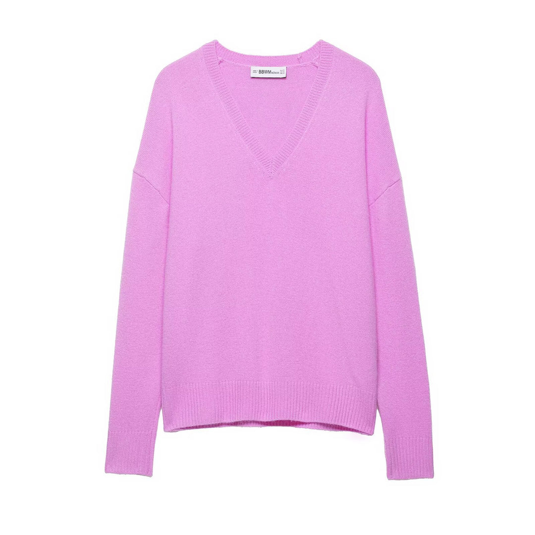 Damen Grobgestrickter V‑Ausschnitt Zopfstrickpullover mit Rippbündchen Echoarchiv