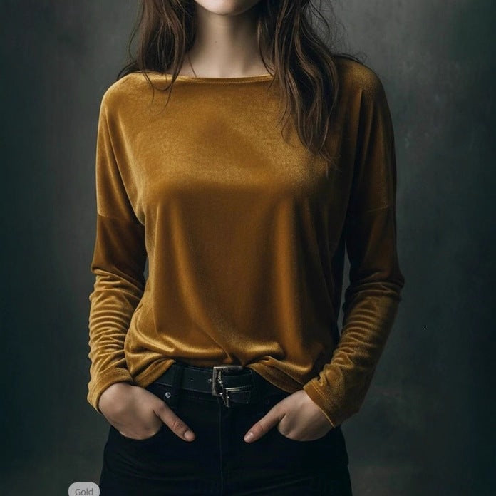 Damen Feines Velours-Langarmshirt mit U-Boot-Ausschnitt und kastiger Silhouette Echoarchiv