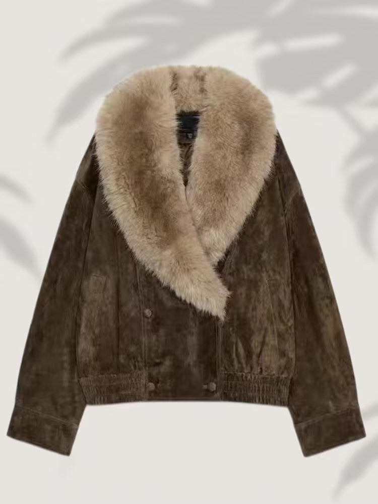 Damen Kurz geschnittene Wildlederjacke im Bomberstil mit luxuriösem Pelzkragen Echo Archiv