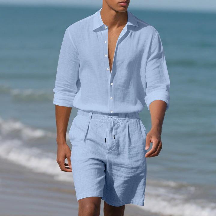 Herren lässiges Leinenhemd mit modischem Henley-Kragen und praktischen Brusttaschen Echoarchiv