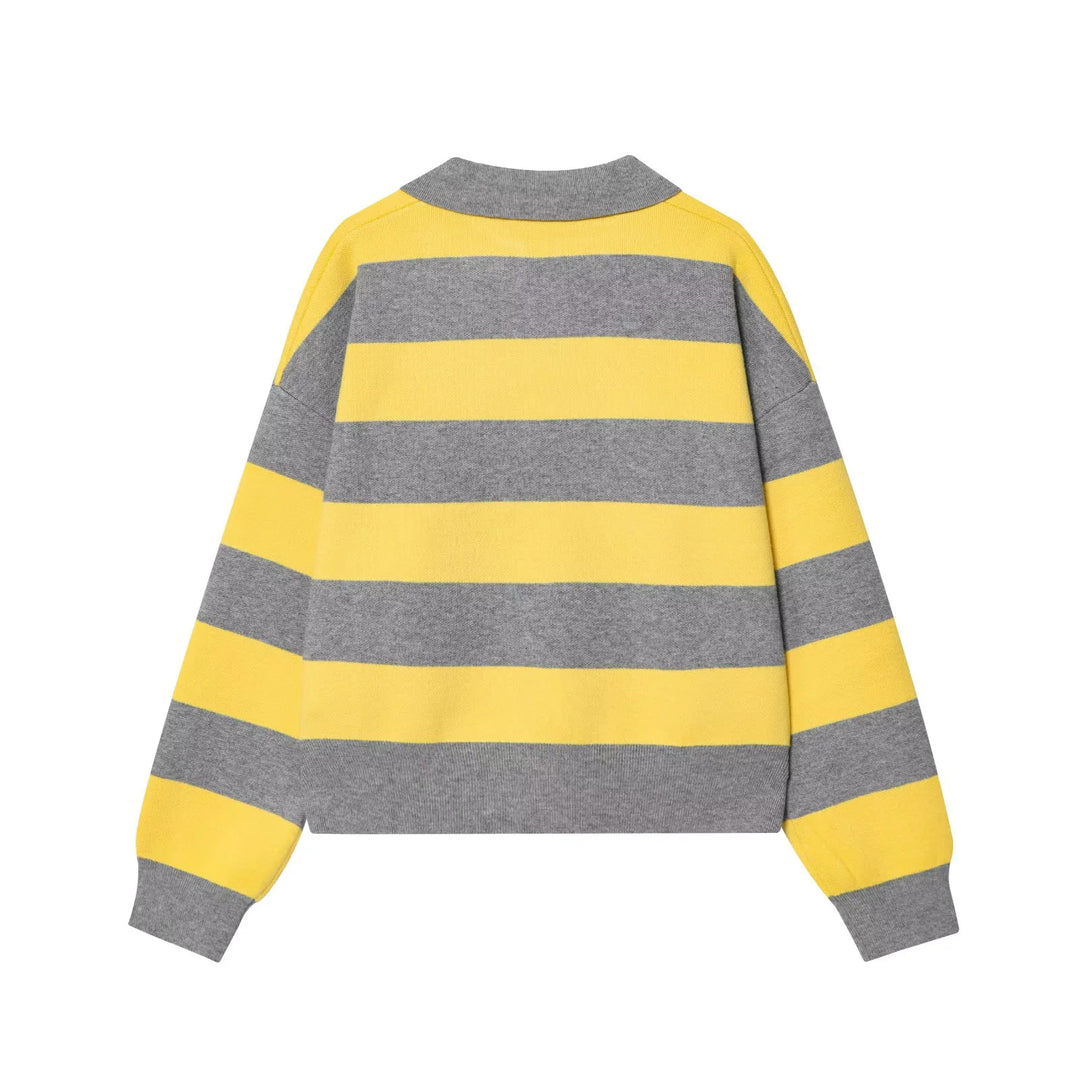 Damen nan gestreifter Rugby-Pullover mit Polokragen, V-Ausschnitt und kastiger Oversize-Silhouette Echo Archiv