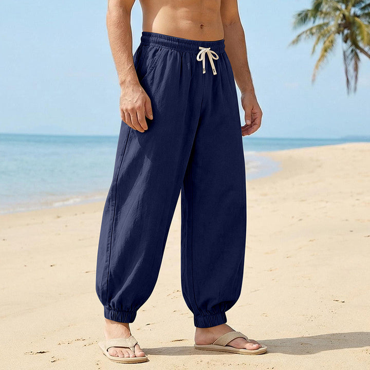 Herren Weite Leinenoptik-Strandhose mit Kordelzug, elastischem Bund und gerafften Beinabschlüssen – Sorevano