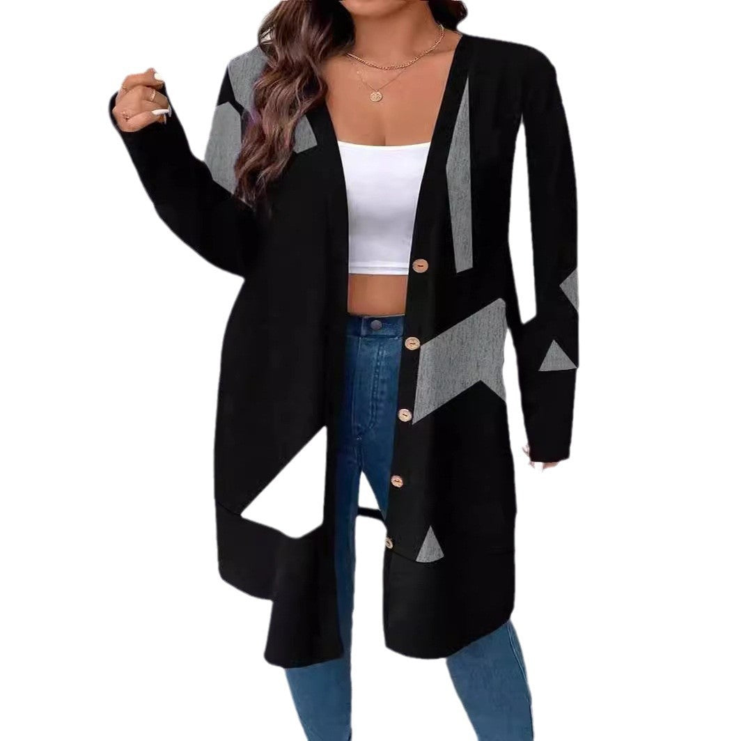 Damen Oversize Strickcardigan mit geometrischem Muster, Knopfverschluss und aufgesetzten Taschen – Veloura