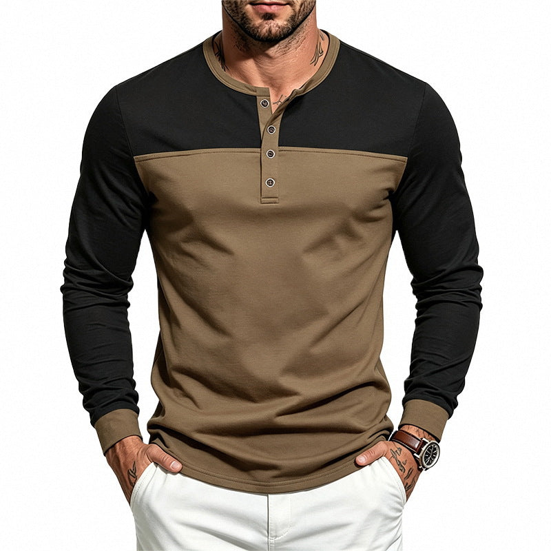 Herren Slim-Fit Henley-Langarmshirt mit Kontrastpaneel und Metallknopfleiste – Arvello