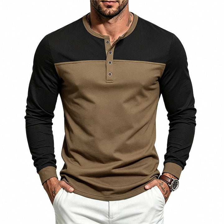 Herren Slim-Fit Henley-Langarmshirt mit Kontrastpaneel und Metallknopfleiste – Arvello
